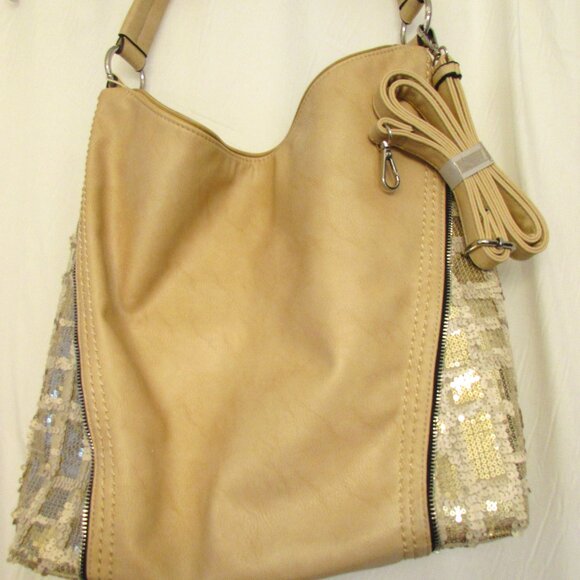 Marina Galati Handbags - Marina Galanti Italian Large Tan & Sequin Adjustable Crossbody Strap 14"